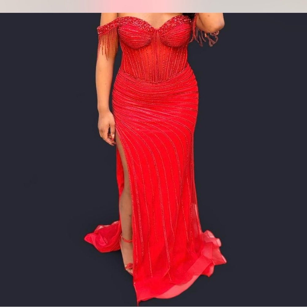 Elegant Red Off-Shoulder Evening Gown